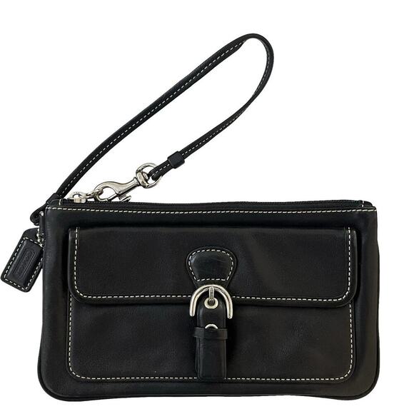 Vintage Coach Leather Wallet Wristlet Black Convertible Strap Buckle Detail Y2K - Picture 1 of 7